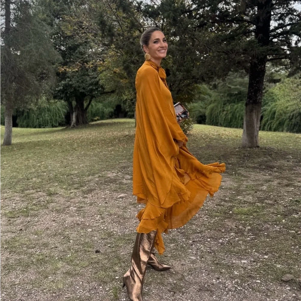 Zara dress maxi cape mustard yellow flowy kimono kaftan boho summer - Picture 4 of 11